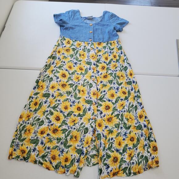 Vintage Denim Sunfflower Dress Womens Medium Blue Yellow Sunflower Maxi USA 90s - Picture 1 of 14